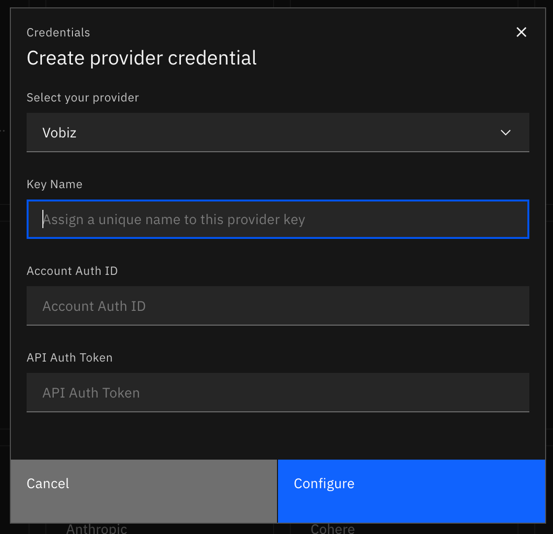 Rapida AI form for a Vobiz key name, Account Auth ID, and API Auth Token