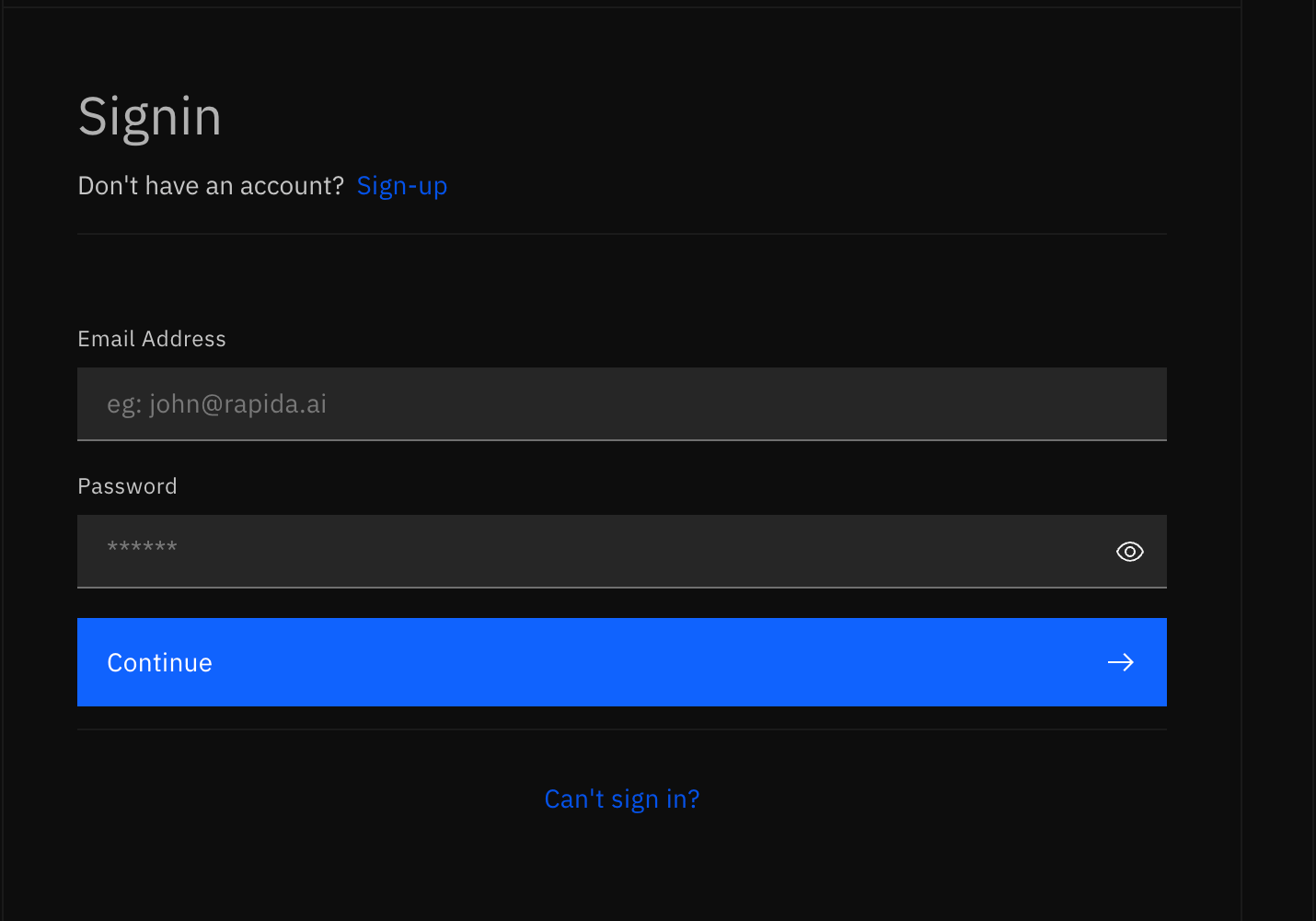 Rapida AI sign-in page with the Sign-up link