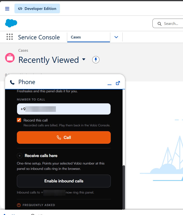 The Receive calls here section with an Enable inbound calls button and a line below confirming that inbound calls to the account number now ring this panel