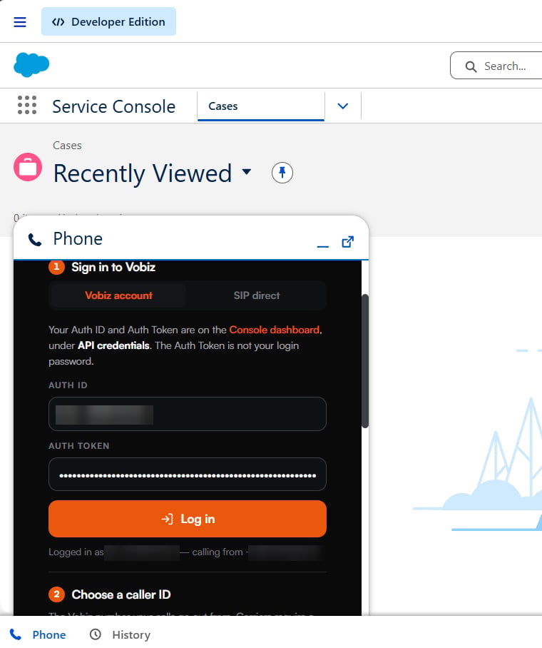 Salesforce Service Console with the Phone utility panel open, showing Sign in to Vobiz with Vobiz account and SIP direct tabs, an Auth ID field, a masked Auth Token, and a Log in button