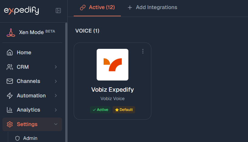 Expedify Active integrations list showing Vobiz Expedify marked Active and Default