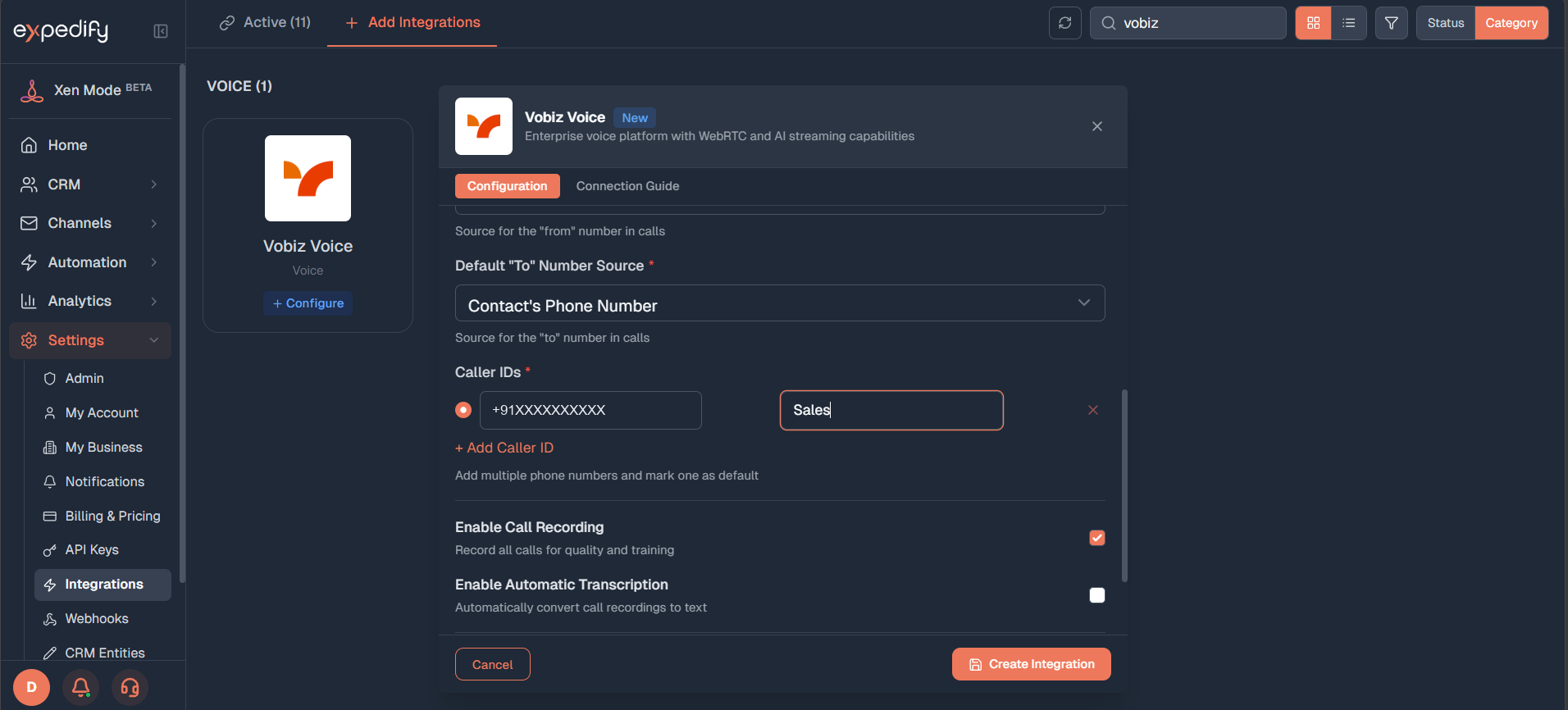 Expedify configuration showing Caller IDs with a label, Enable Call Recording, and Enable Automatic Transcription
