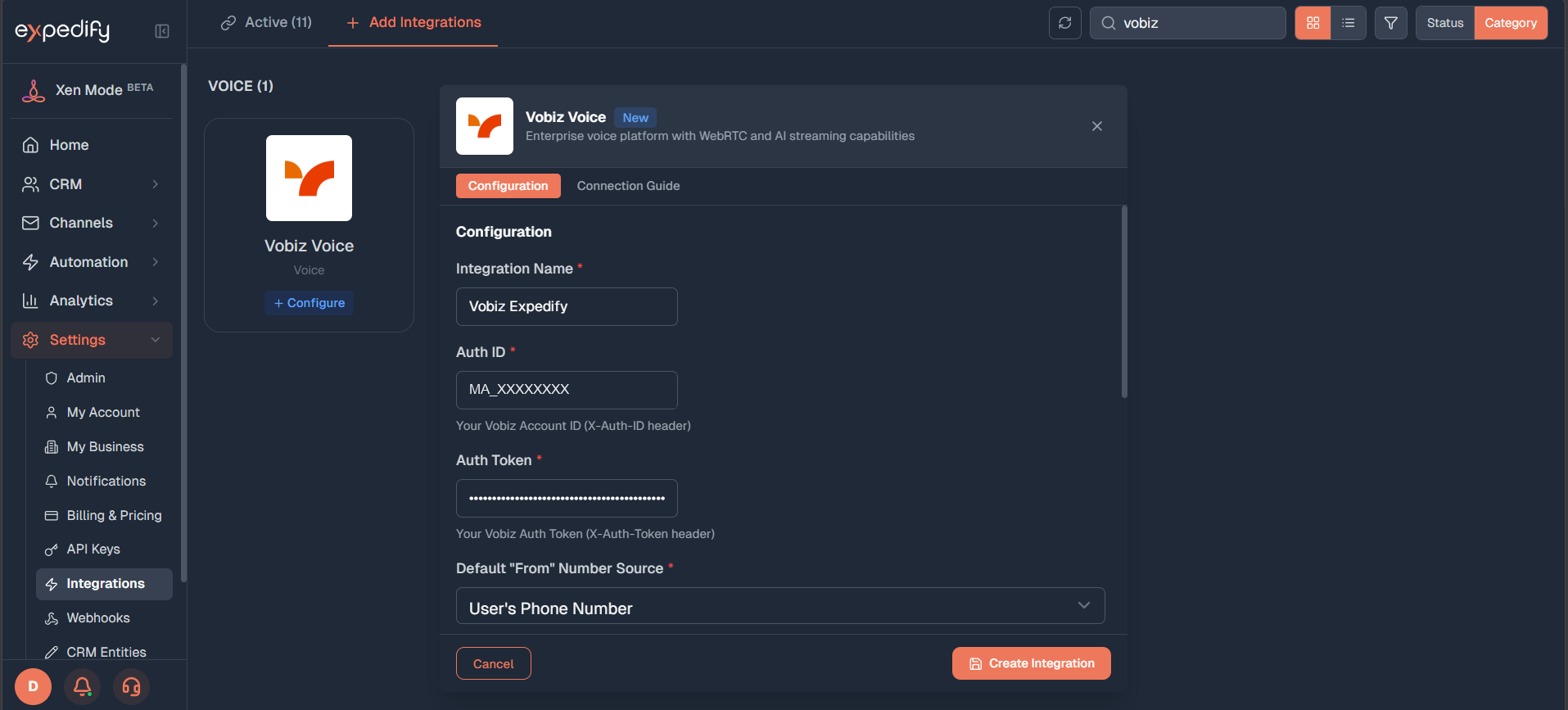 Expedify Vobiz Voice configuration panel with Integration Name, Auth ID, and Auth Token fields