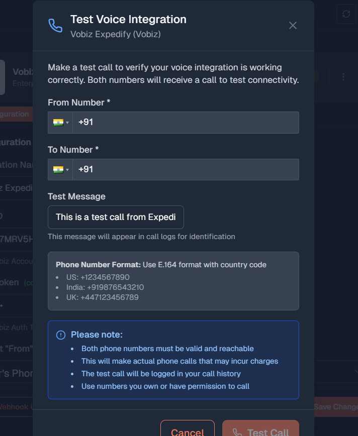 Expedify Test Voice Integration modal with From Number, To Number, and Test Message fields