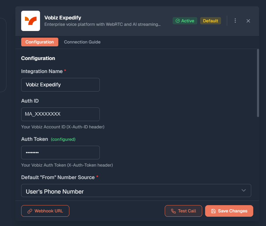 Expedify integration detail panel showing the Webhook URL, Test Call, and Save Changes buttons