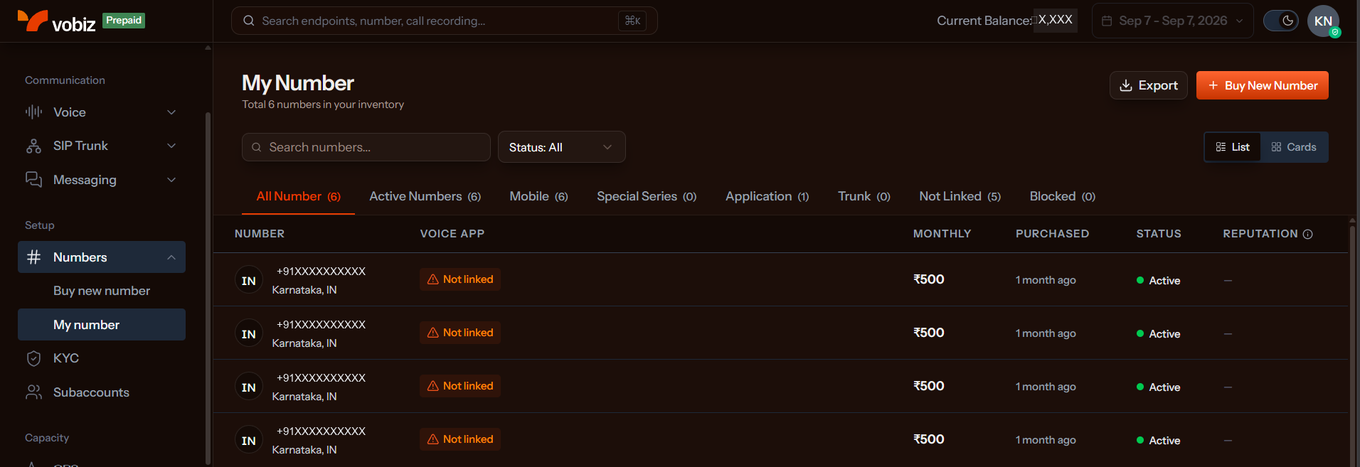 Vobiz Console My Number page with the Buy New Number button