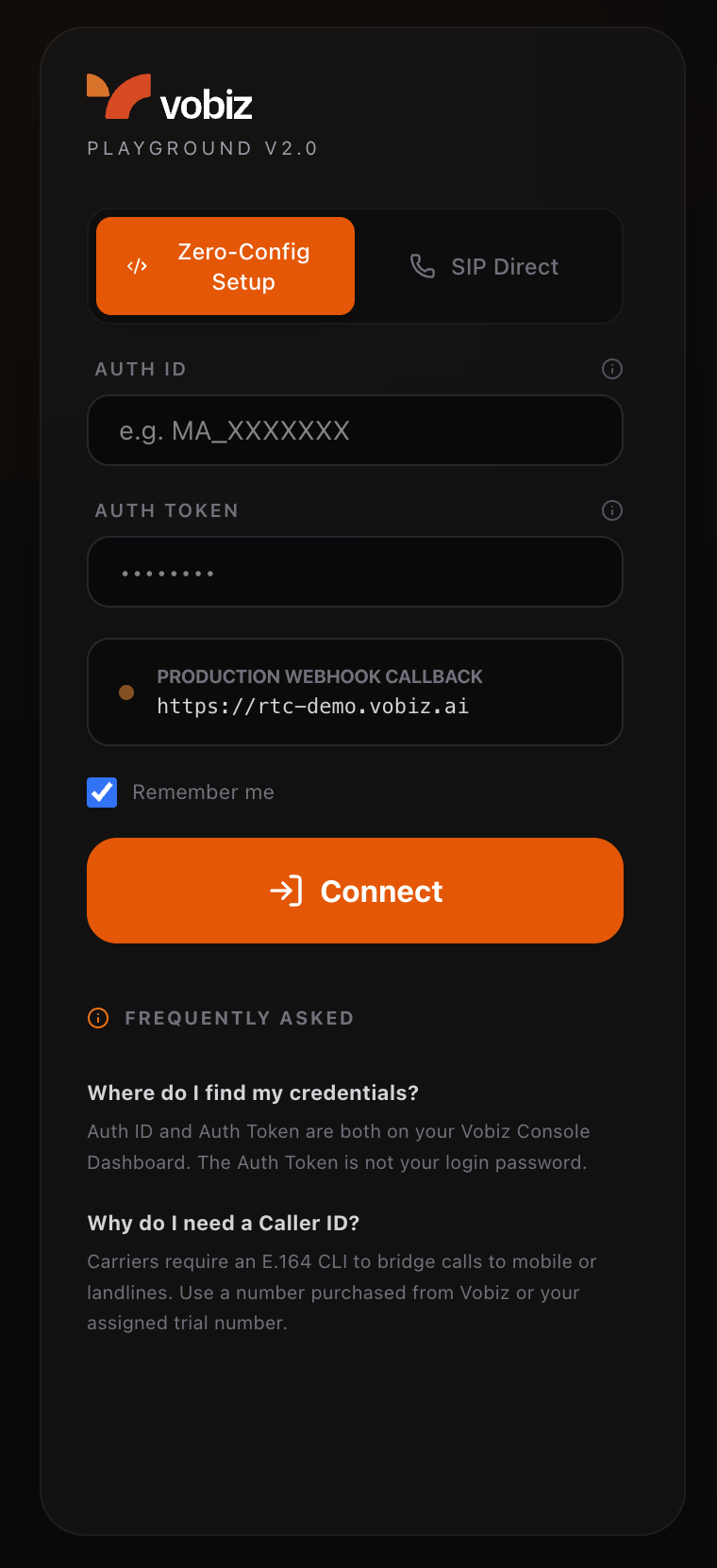 Vobiz Playground V2.0 sign-in card with Zero-Config Setup and SIP Direct tabs, Auth ID and Auth Token fields, the production webhook callback set to rtc-demo.vobiz.ai, a Remember me checkbox, and a Connect button