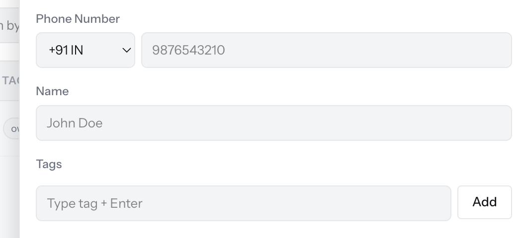 Add Contact form with a country code selector, phone number field, name field, and a tags field with an Add button