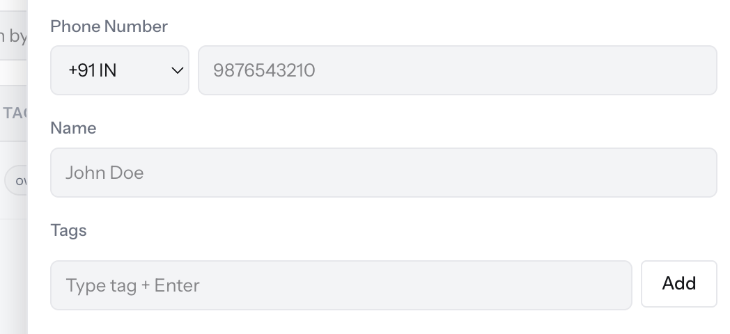 Add Contact form with a country code selector, phone number field, name field, and a tags field with an Add button