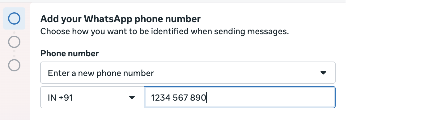 Meta dialog for adding a WhatsApp phone number with country code and number fields