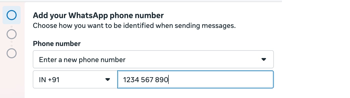 Meta dialog for adding a WhatsApp phone number with country code and number fields