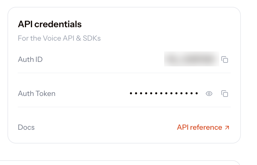API credentials card on the Vobiz dashboard showing Auth ID and a masked Auth Token
