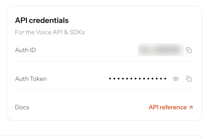 API credentials card on the Vobiz dashboard showing an Auth ID beginning with MA_ and a masked Auth Token