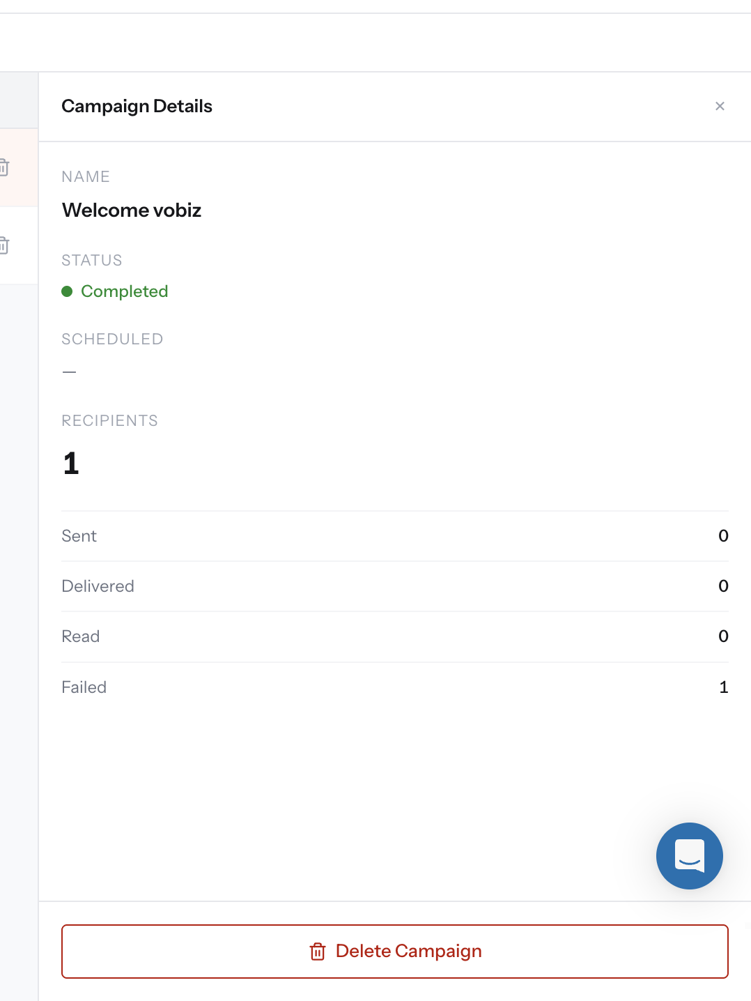 Campaign details panel showing status Completed with one recipient, zero sent, and one failed
