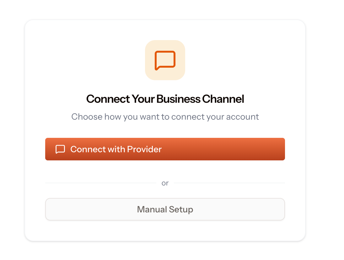 Connect Your Business Channel dialog with Connect with Provider and Manual Setup options