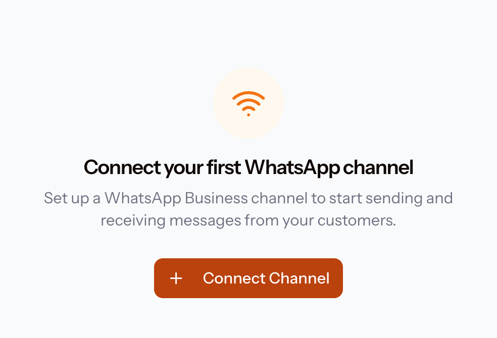 Empty Inbox state reading Connect your first WhatsApp channel, with a Connect Channel button