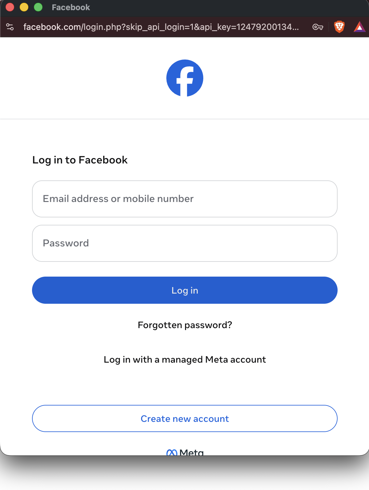 Facebook login popup window showing email address and password fields, a Log in button, and a Create new account option