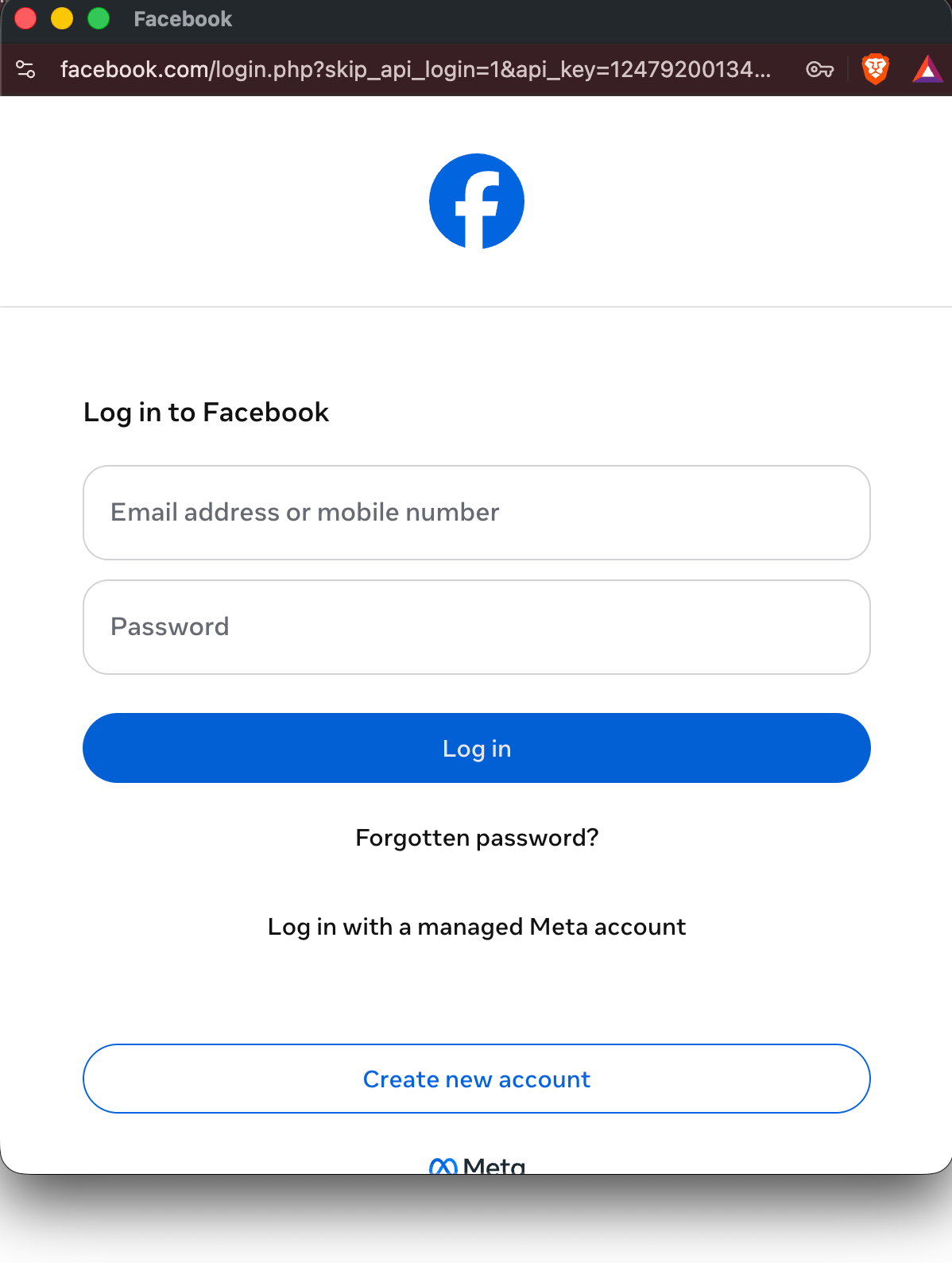 Facebook login popup window showing email address and password fields, a Log in button, and a Create new account option