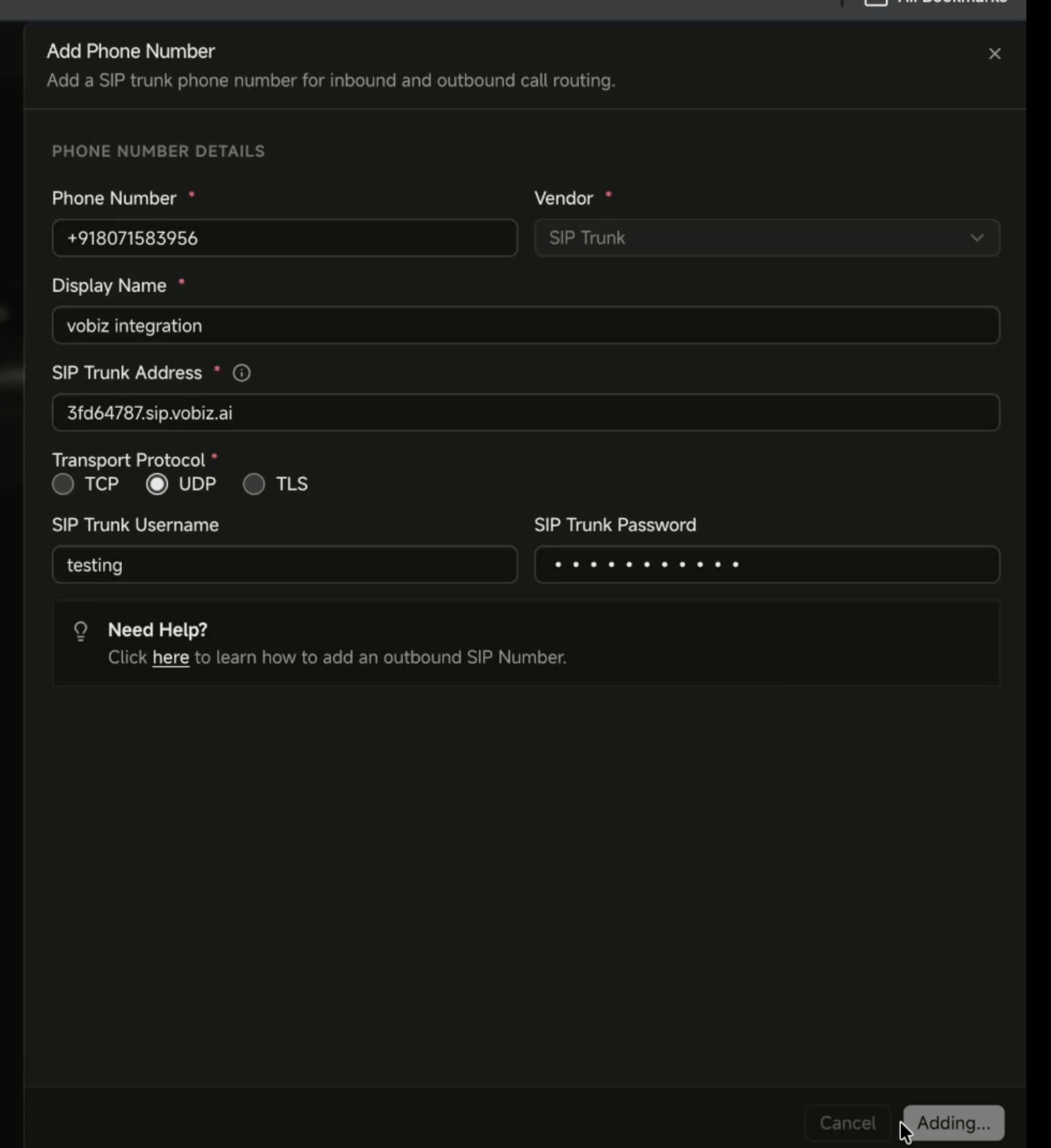 Agora Add Phone Number dialog with vendor set to SIP Trunk and fields for the SIP trunk address, transport protocol, username, and password