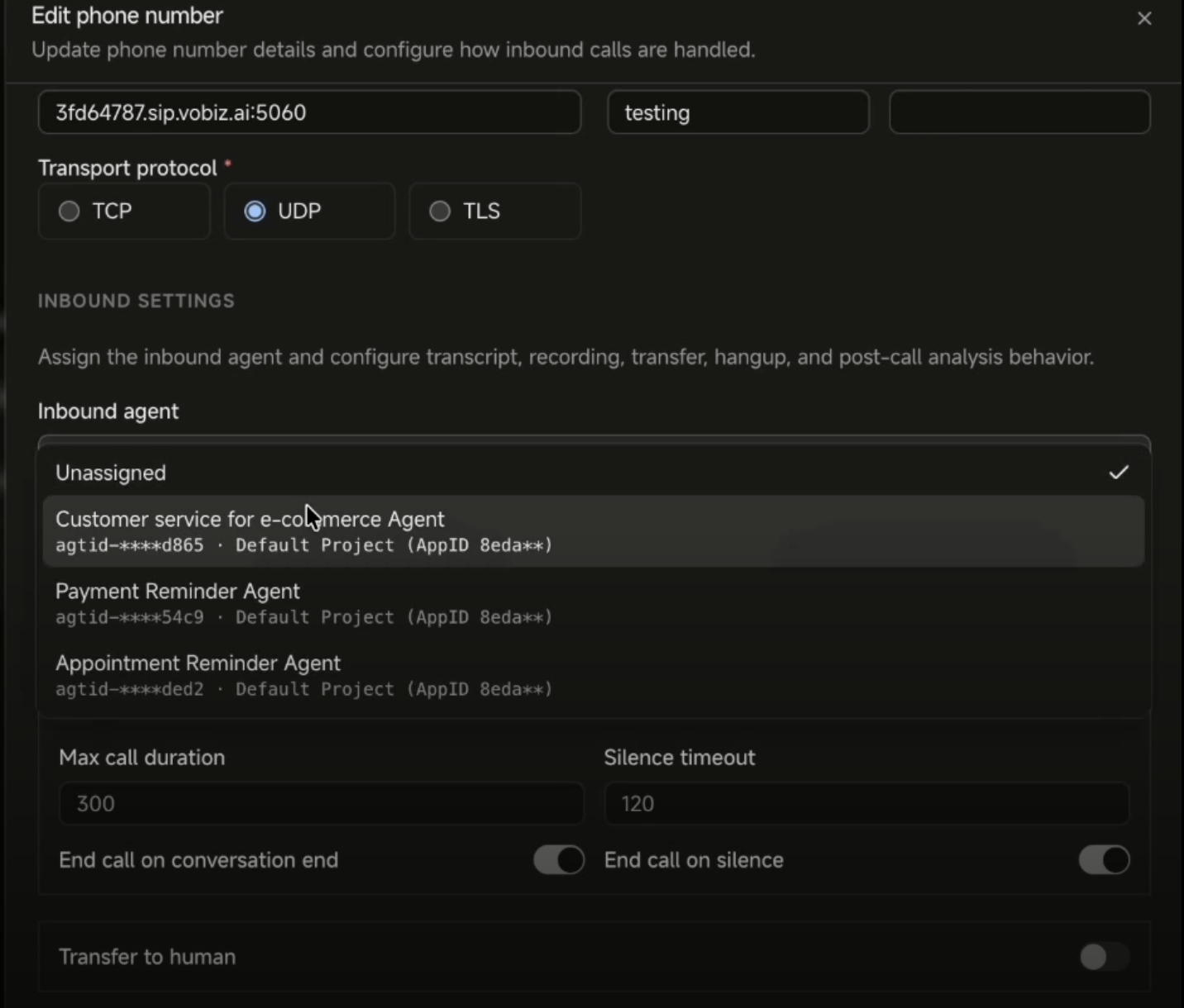 Agora Edit phone number dialog with the inbound agent dropdown open and call duration and silence timeout settings below
