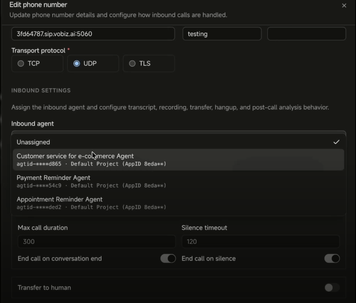Agora Edit phone number dialog with the inbound agent dropdown open and call duration and silence timeout settings below