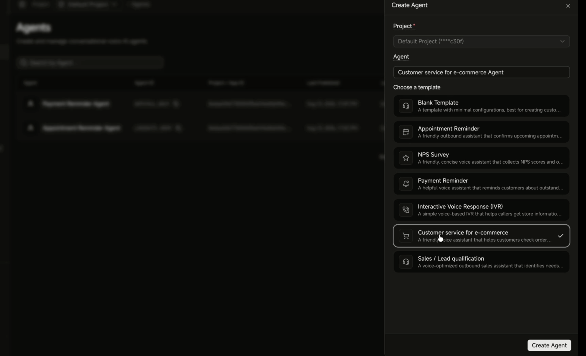 Agora Create Agent panel with a project selector, agent name, and a list of starter templates