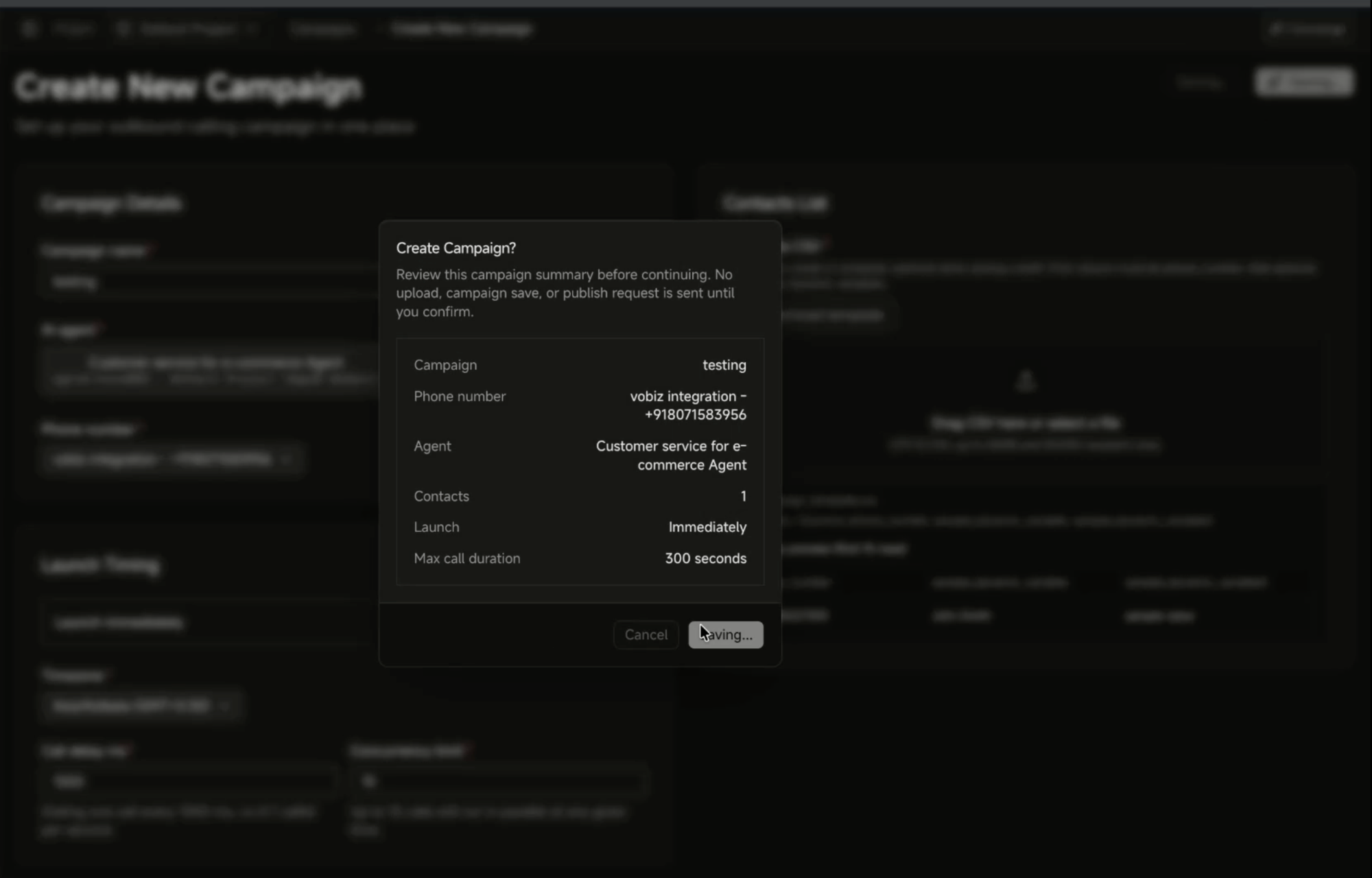 Agora Create New Campaign screen with a confirmation dialog summarising the campaign, phone number, agent, contacts, launch timing, and max call duration