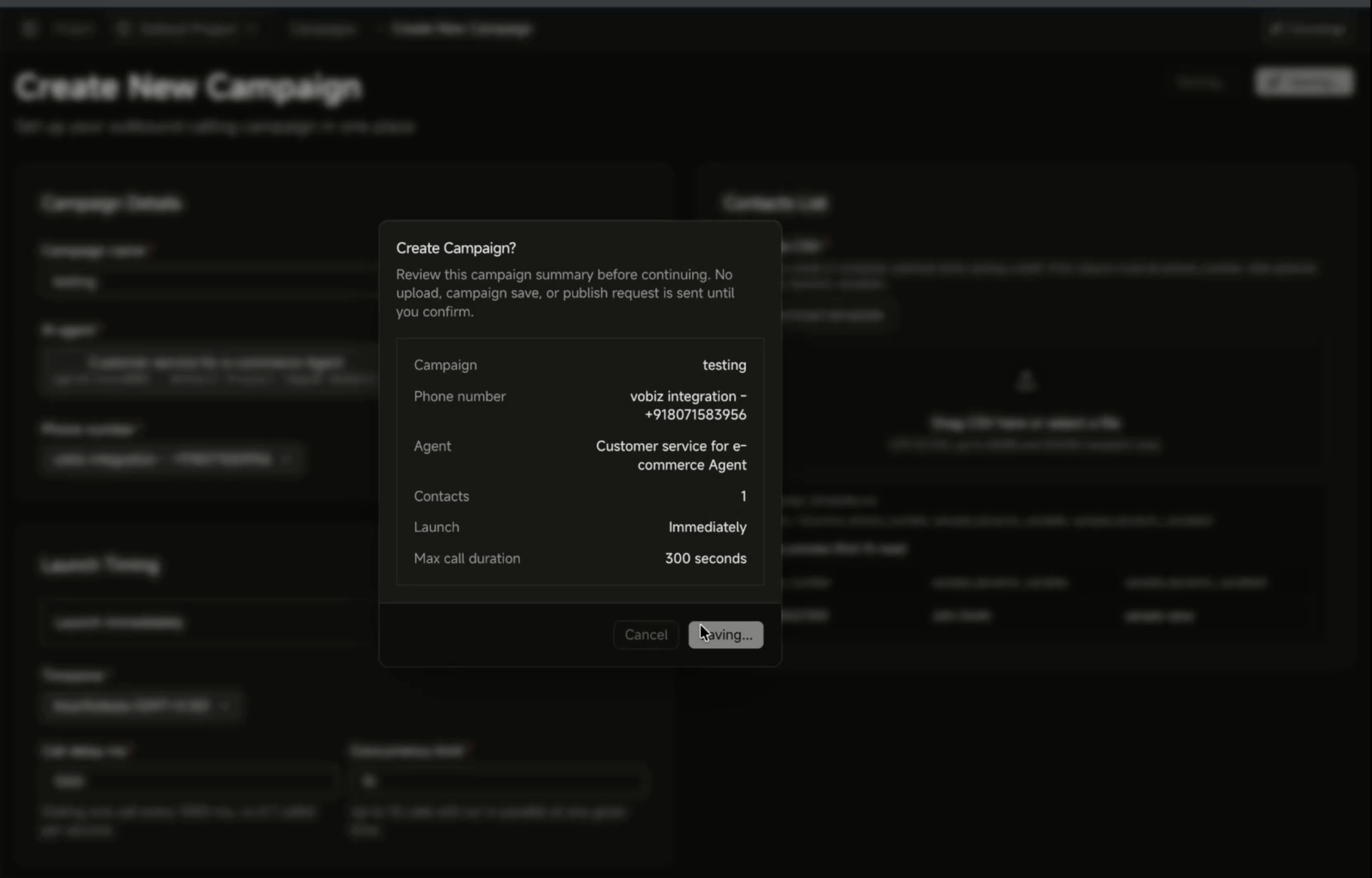 Agora Create New Campaign screen with a confirmation dialog summarising the campaign, phone number, agent, contacts, launch timing, and max call duration