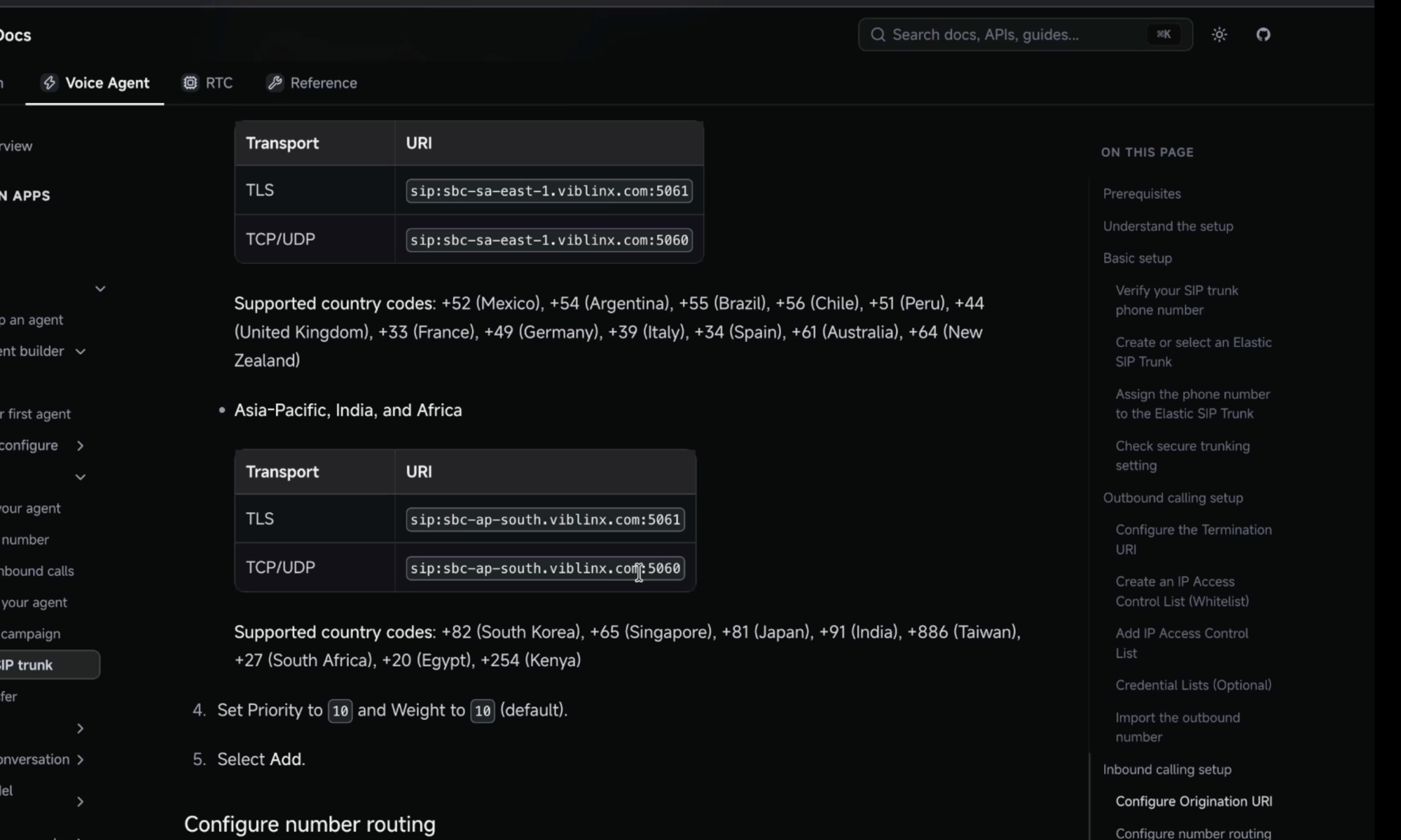 Agora documentation listing regional SBC origination URIs for TLS and TCP/UDP alongside the country codes each region serves