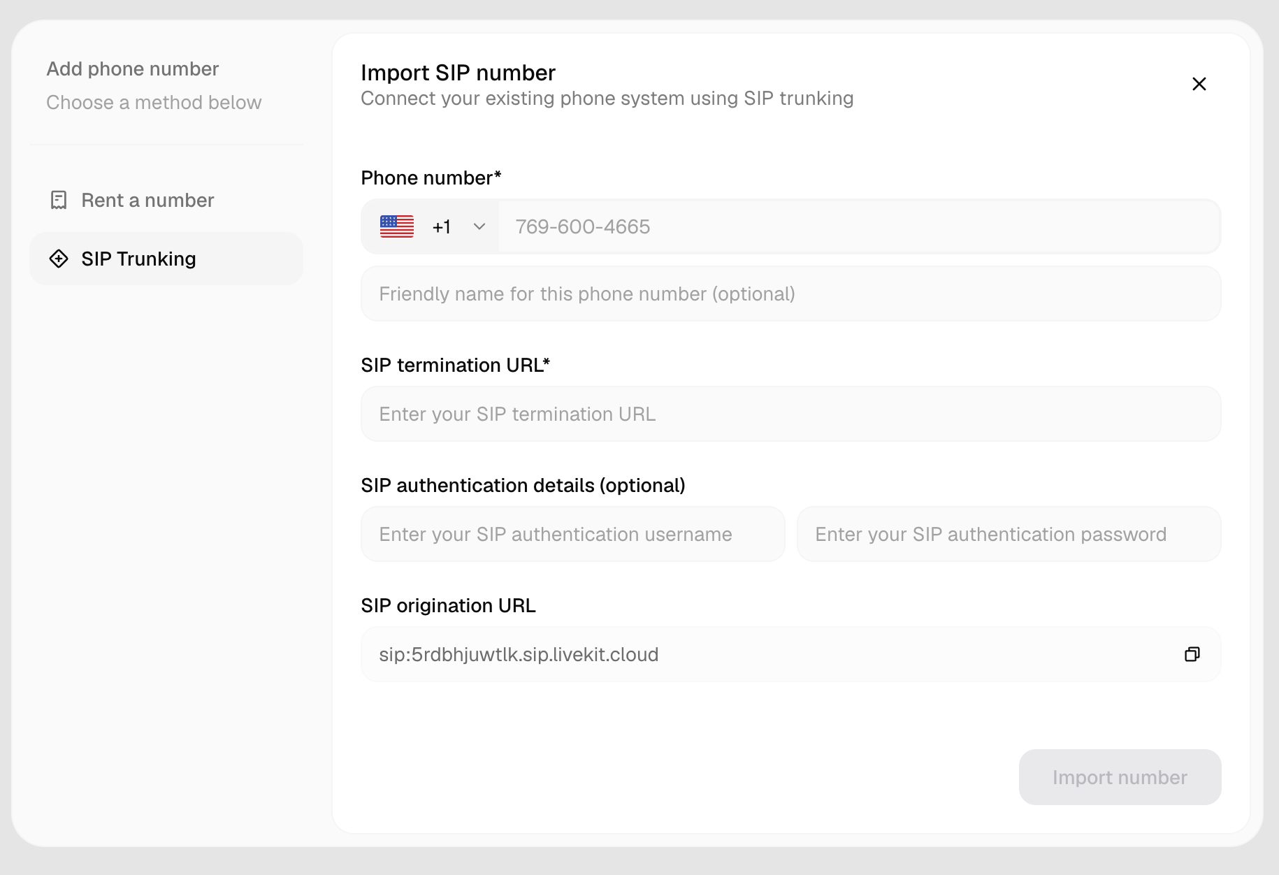 Smallest AI Import SIP number dialog with fields for phone number, SIP termination URL, SIP authentication details, and SIP origination URL