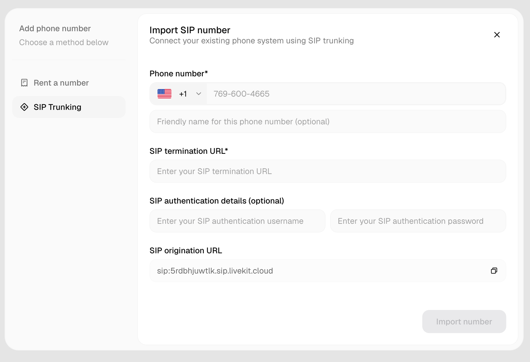 Smallest AI Import SIP number dialog with fields for phone number, SIP termination URL, SIP authentication details, and SIP origination URL