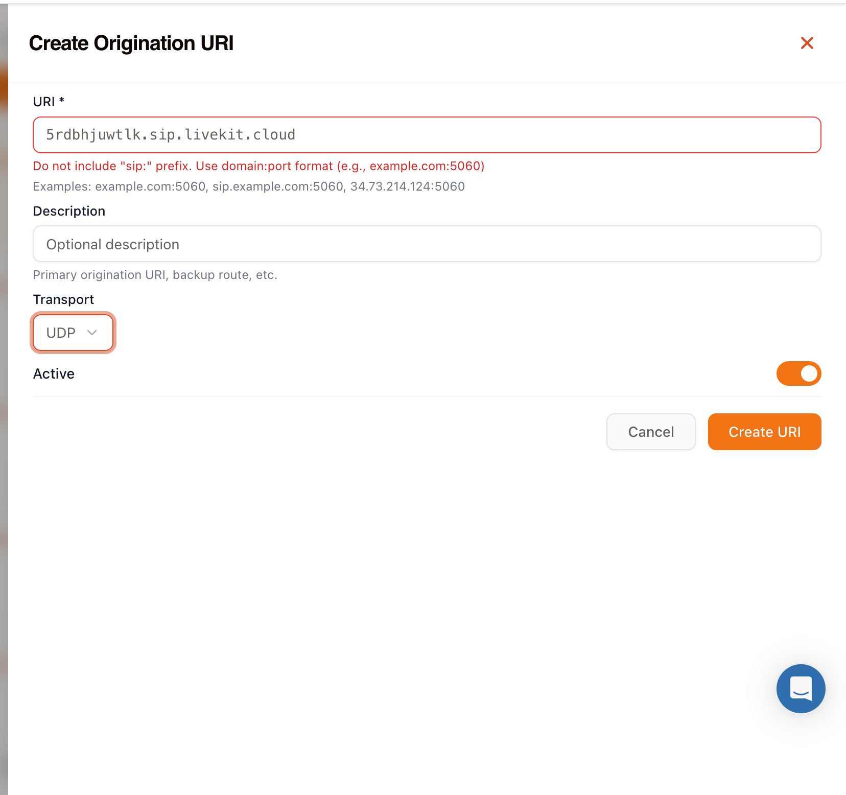 Vobiz Create Origination URI dialog with the Smallest AI SIP address and UDP transport selected