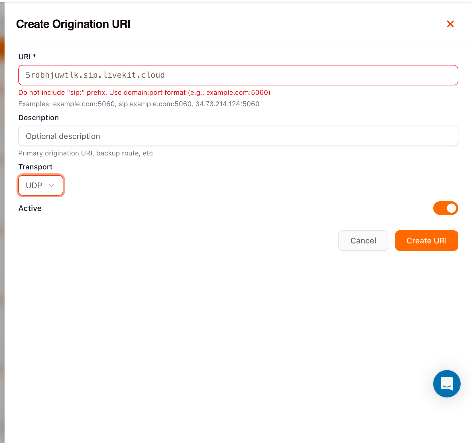 Vobiz Create Origination URI dialog with the Smallest AI SIP address and UDP transport selected