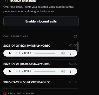 The Call recordings section listing timestamped entries with durations, two of them expanded into inline audio players, below the Enable inbound calls button