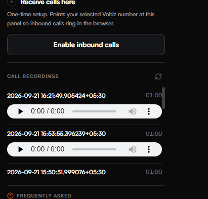The Call recordings section listing timestamped entries with durations, two of them expanded into inline audio players, below the Enable inbound calls button