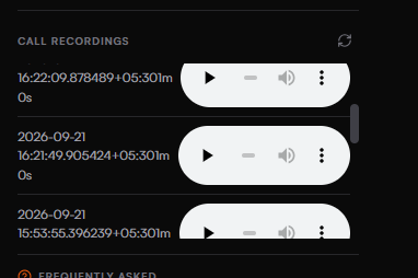 The Call recordings section listing three timestamped entries, each with its own inline audio player and a refresh control in the section header