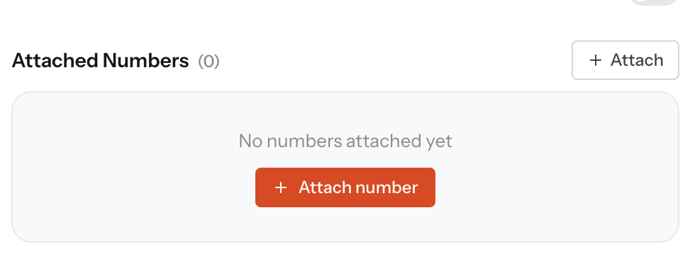 Attached Numbers panel on a Vobiz voice application showing no numbers attached yet and an Attach number button