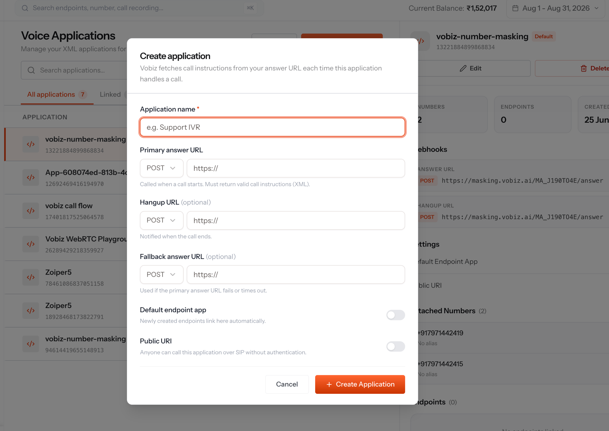 Vobiz console Create application dialog with fields for application name, primary answer URL with a POST method selector, hangup URL, and fallback answer URL