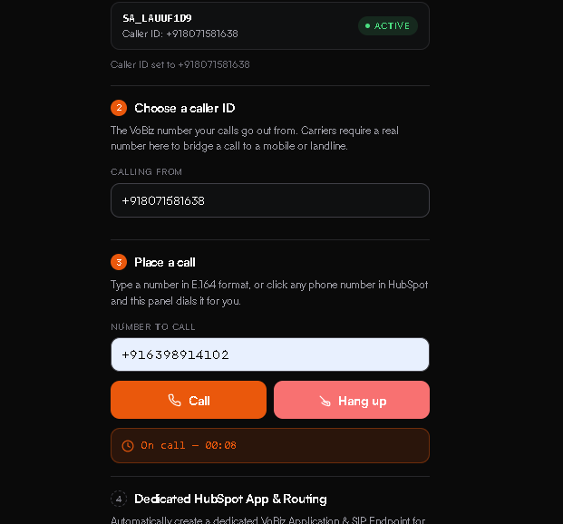 Widget during a live call showing the Call and Hang up buttons side by side and a status line reading On call with an elapsed timer of eight seconds