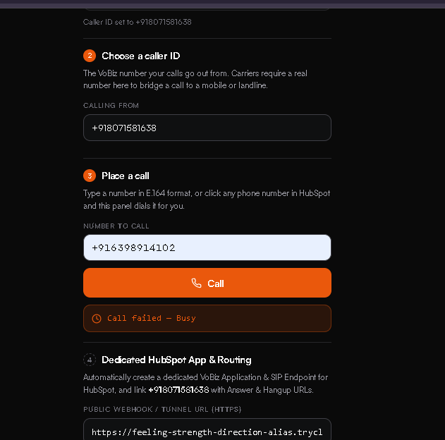 The widget showing a red Call failed Busy banner directly beneath the Call button, with the dedicated app and routing section below