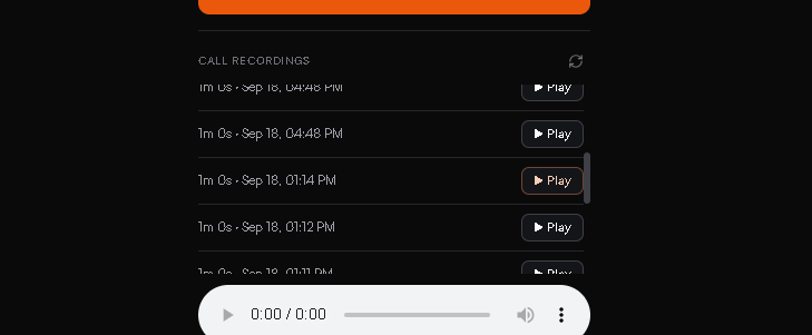 Call recordings list showing several one-minute entries with timestamps and Play buttons, and an audio player docked at the bottom