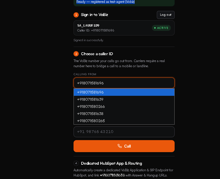 The Calling from field expanded into a dropdown listing six Vobiz numbers available as outbound caller IDs