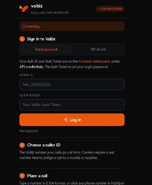 Vobiz Calling for HubSpot widget showing an orange CONNECTING badge, a Connecting banner, and step 1 Sign in to Vobiz with Vobiz account and SIP direct tabs plus Auth ID and Auth Token fields
