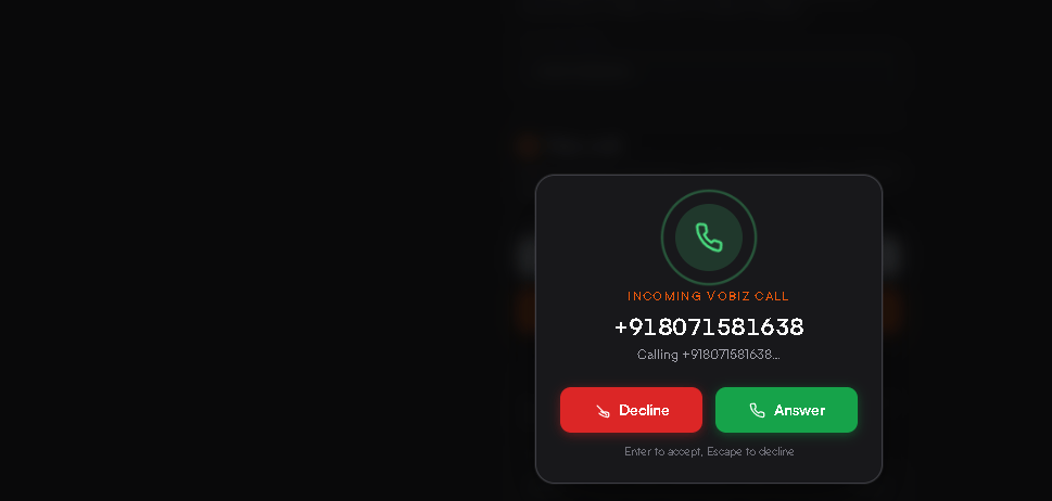 Full-screen incoming Vobiz call overlay showing the calling number with green Answer and red Decline buttons and a hint that Enter accepts and Escape declines
