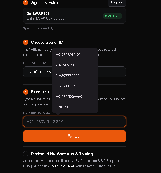 The Number to call field showing a suggestion list of phone numbers drawn from HubSpot records, in both E.164 and local formats