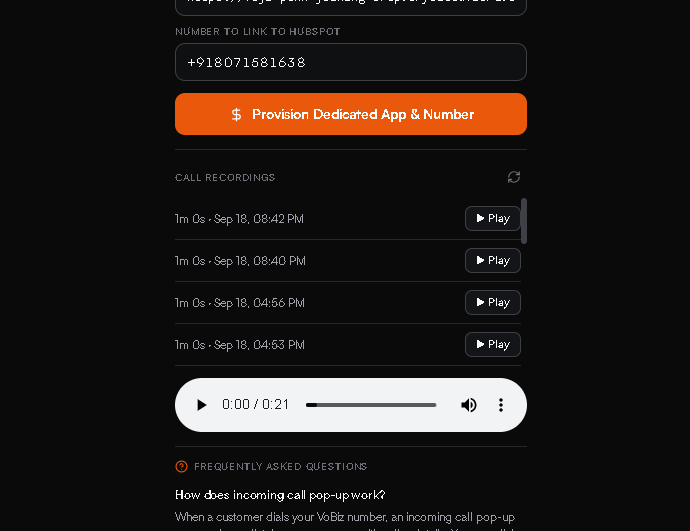 The Provision Dedicated App and Number button above a Number to link to HubSpot field, with the call recordings list and an audio player below