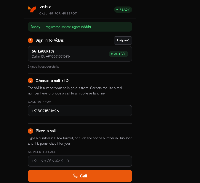 Widget showing a green READY badge, Ready registered as test-agent, the signed-in account SA_LAUUF1D9 marked ACTIVE with its caller ID, and the Choose a caller ID and Place a call steps beneath