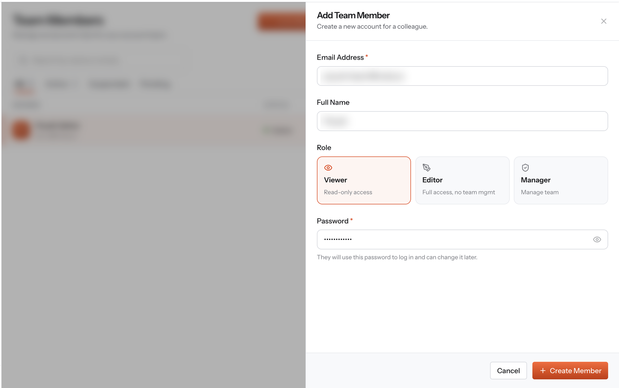 Add Team Member dialog with Email Address, Full Name, a Role picker showing Viewer, Editor and Manager cards, a Password field, and a Create Member button