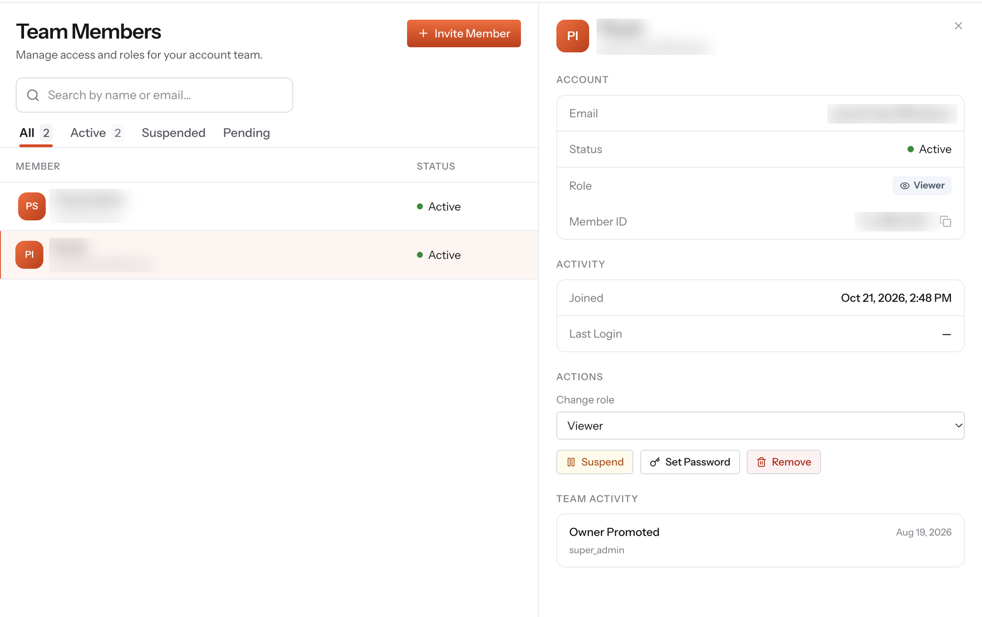 Team Members page listing members with their status, and a detail panel on the right showing Account, Activity, Actions and Team Activity sections for the selected member