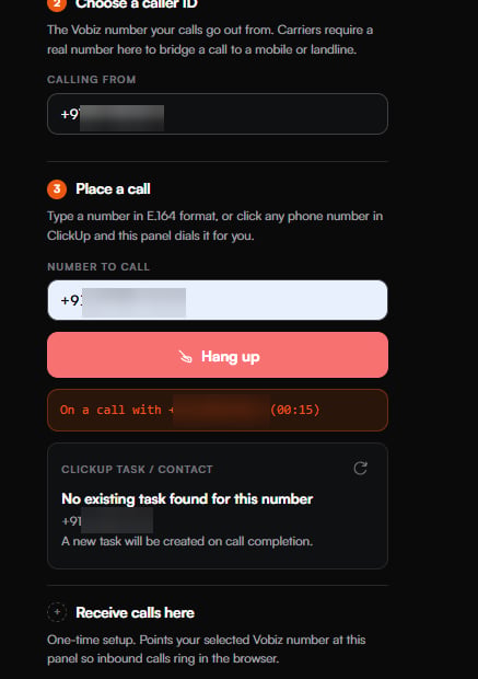 Live call view showing a red Hang up button, an On a call with banner carrying a running timer, and a ClickUp task slash contact card reading No existing task found for this number with the note that a new task will be created on call completion